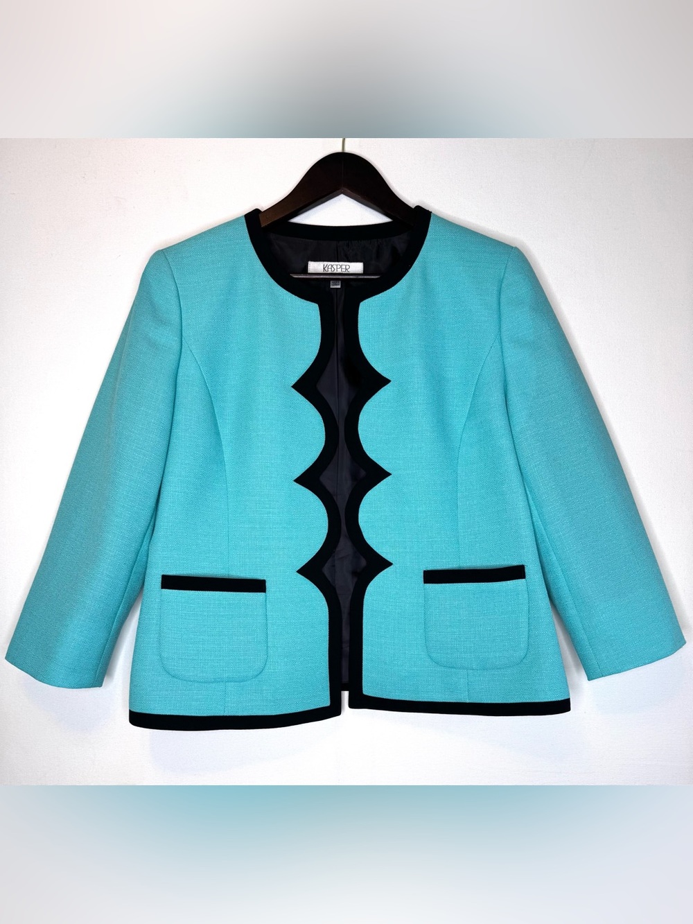 Kasper Separates Teal Black Open Front Blazer jacket size 12 scalloped edge